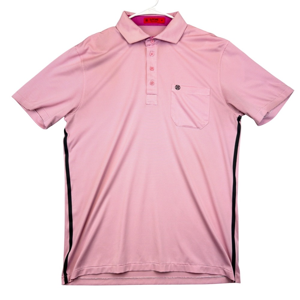 G/FORE Polo Shirt Mens Medium Pink Stripe Golf Performance‎ Pocket Logo Jersey